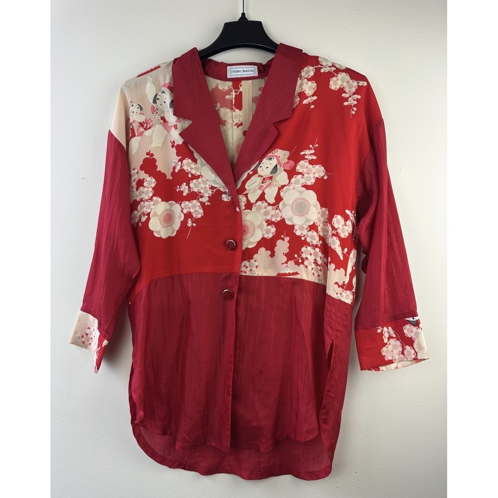 Vintage Itsuko Takeda 100% Silk Kimono Floral Tunic Blouse Red Women No Size - Picture 2 of 16